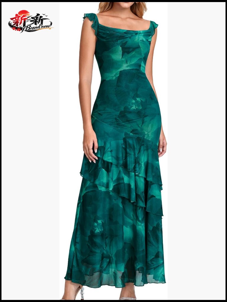 Womens Floral Maxi Formal Wedding Guest Dress Mesh Ruffle Bodycon Cowl Neck